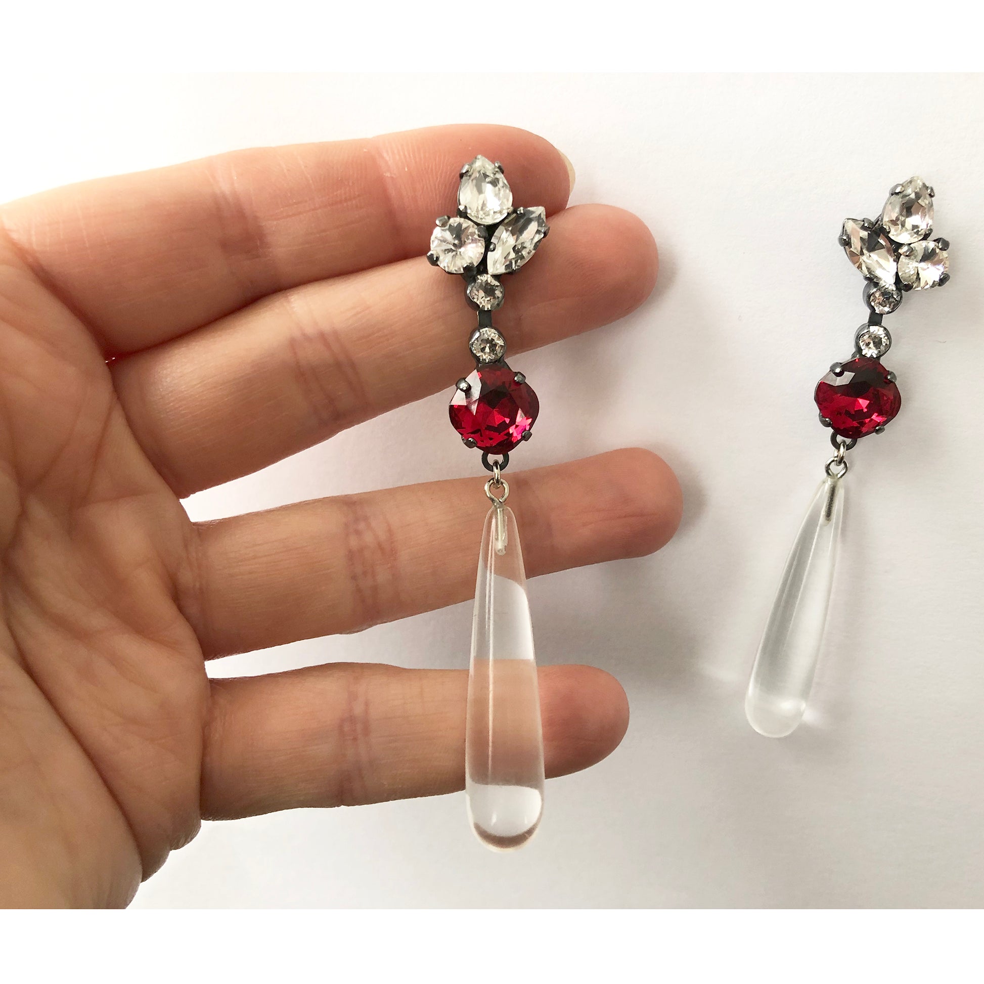 Scarlet Red Crystal and Natural Quartz Drop Earrings - Heiter Jewellery