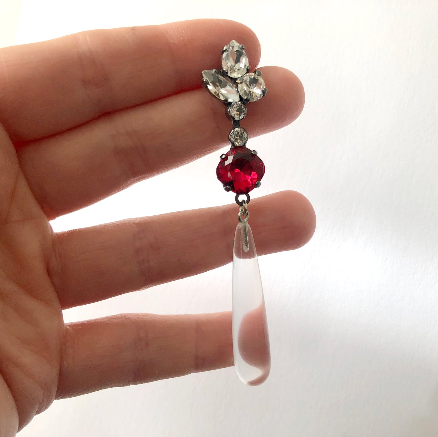 Scarlet Red Crystal and Natural Quartz Drop Earrings - Heiter Jewellery