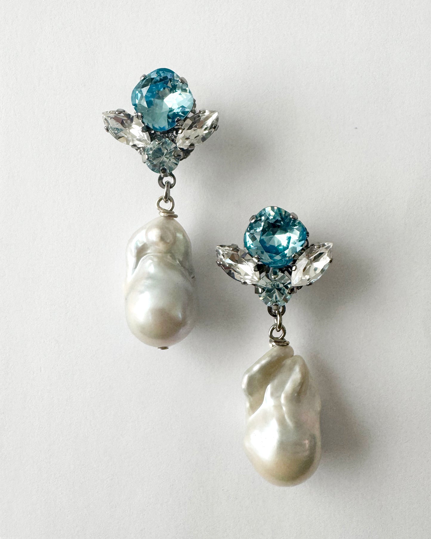 Aquamarine Crystal & Baroque Pearl drop earrings - Heiter Jewellery