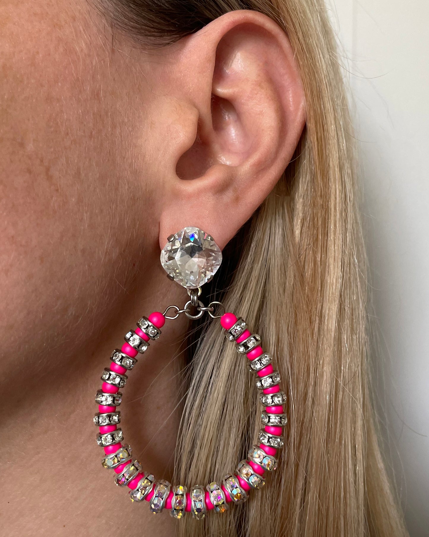 Neon Pink Swarovski Pearl Hoop Earrings - Heiter Jewellery