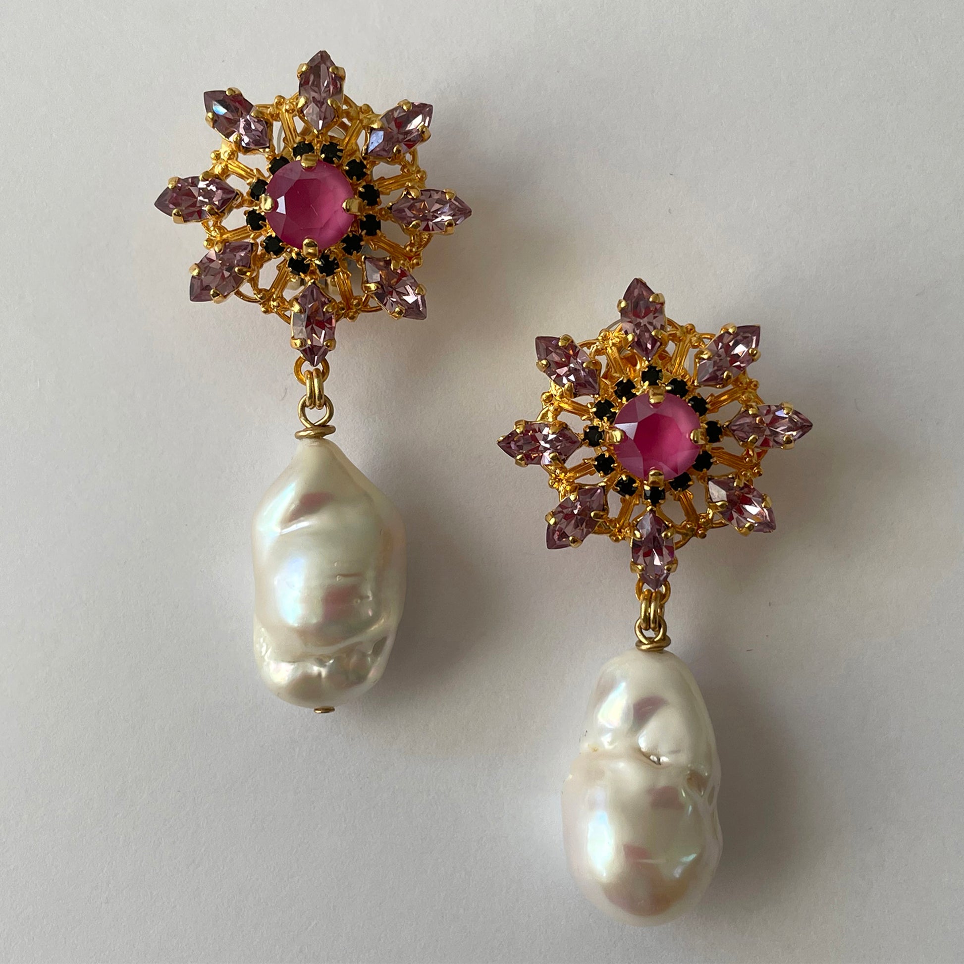 Pink Crystal and Baroque Pearl Earrings - Heiter Jewellery