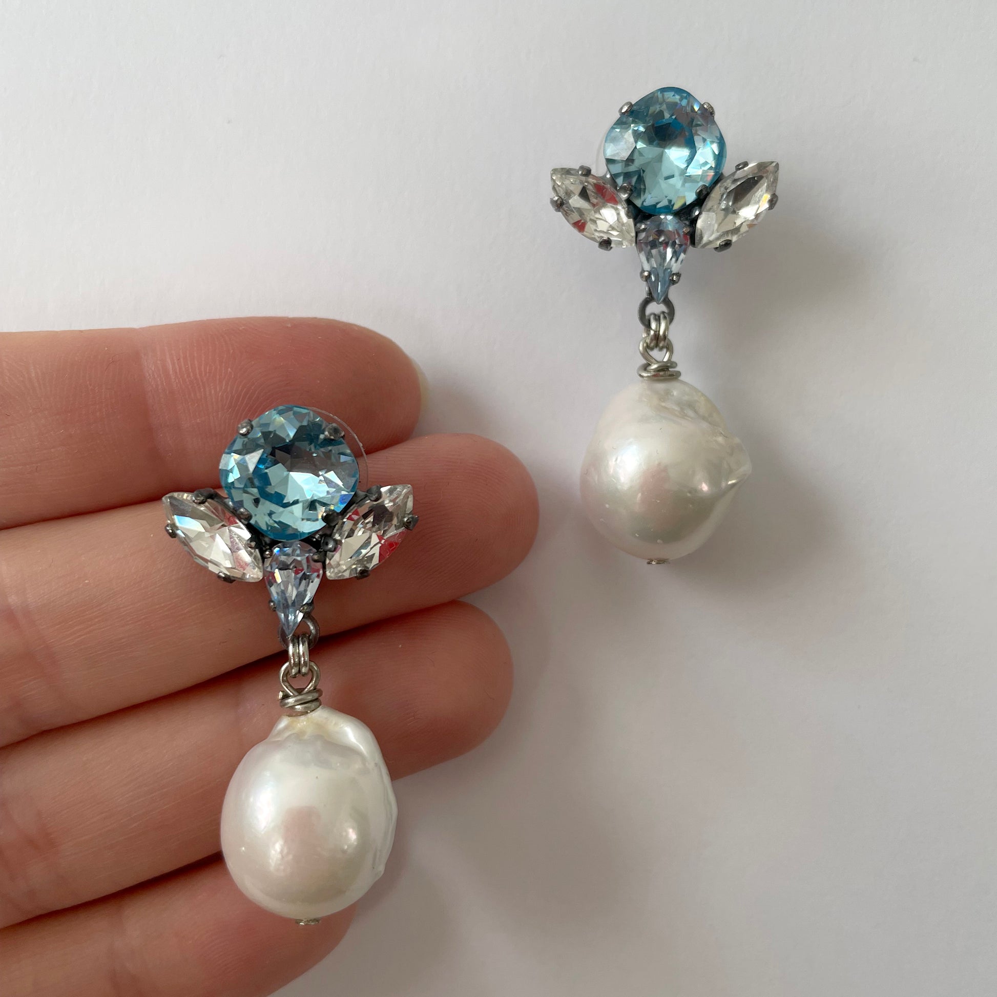 Aquamarine Swarovski crystal and Baroque pearl Earrings - Heiter Jewellery