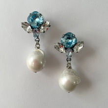 Load image into Gallery viewer, Aquamarine Swarovski crystal and Baroque pearl Earrings - Heiter Jewellery
