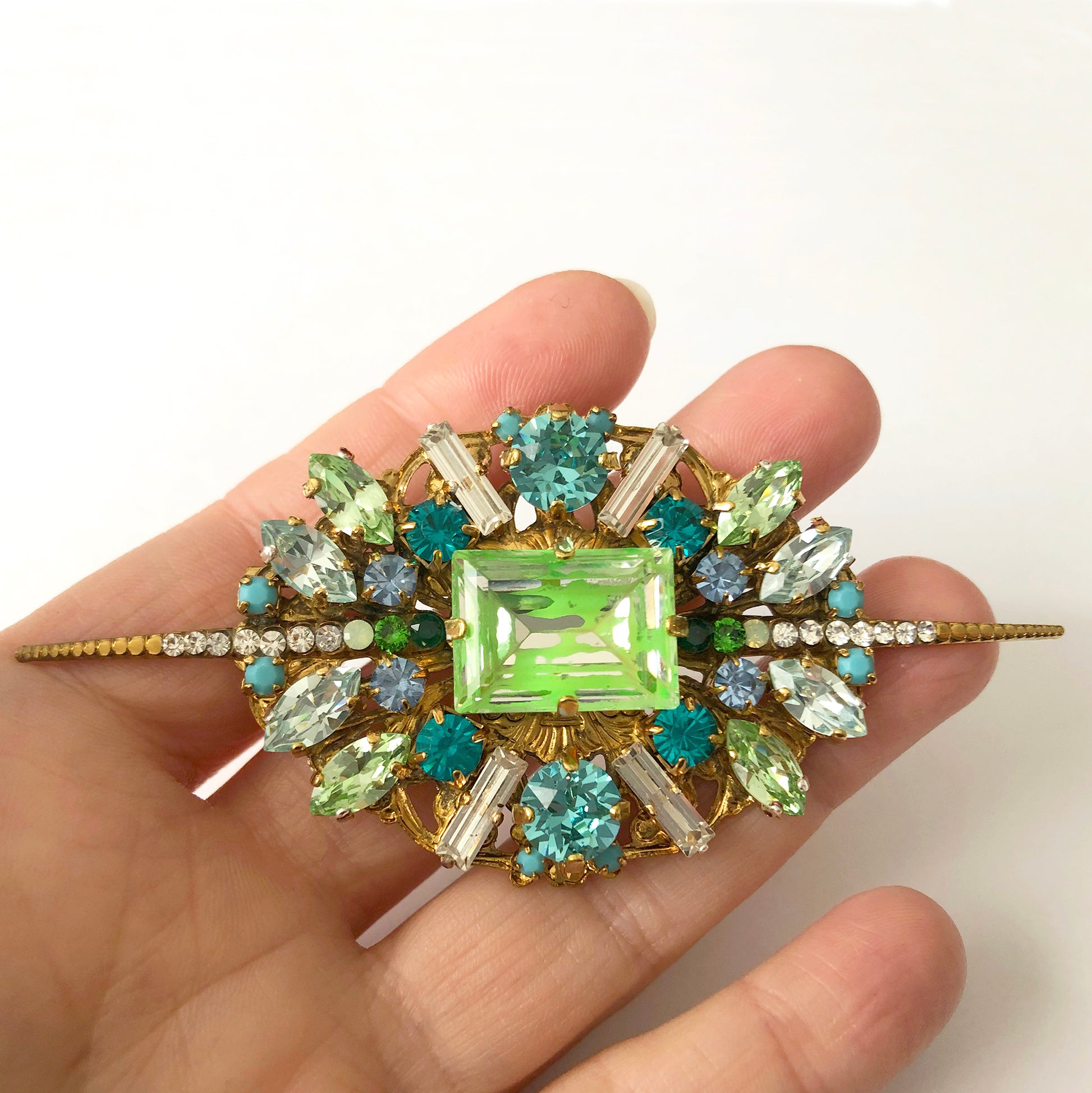 Neon Green Large Deco Crystal Brooch - Heiter Jewellery