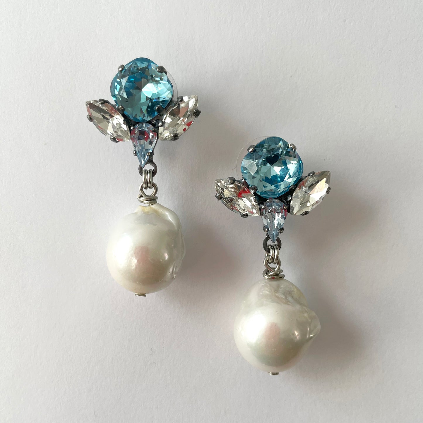 Aquamarine Swarovski crystal and Baroque pearl Earrings - Heiter Jewellery