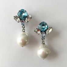 Cargar imagen en el visor de la galería, Aquamarine Swarovski crystal and Baroque pearl Earrings - Heiter Jewellery
