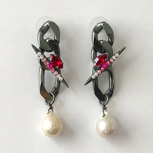 Swarovski Crystal, Chain And Pearl Drop Earrings - Heiter Jewellery