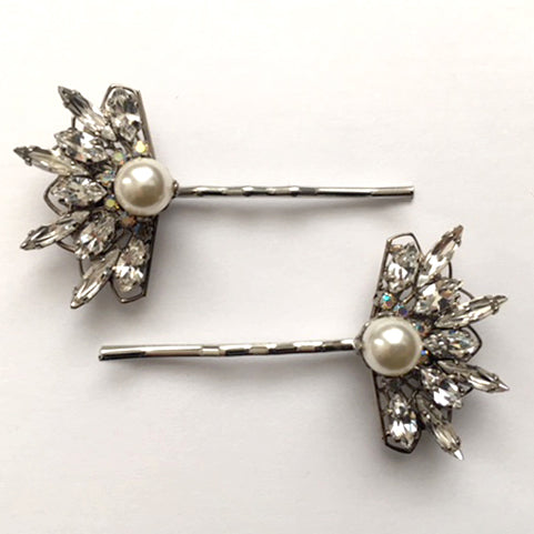 Swarovski Crystal and Pearl Fan Bobby Pin Set - Heiter Jewellery