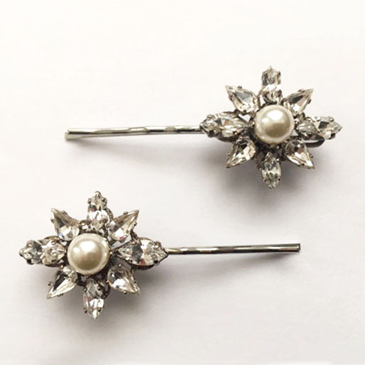 Crystal and Pearl Flower Bobby Pin Set - Heiter Jewellery